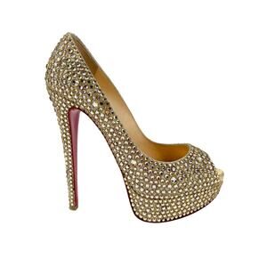 Christian Louboutin Gold Lady Peep 150 Ring Strass Platform Peep Toe Heels EU 37